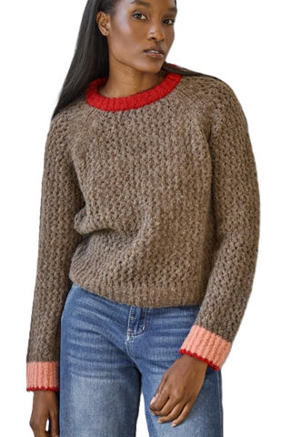 Contrast Trim Crewneck Sweater - Java Combo