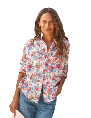 Relaxed Button - Up Shirt - Pink Red Blue Flowers