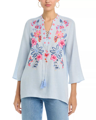 Tie Front Blouse - Blue Slub Linen