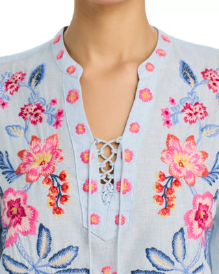 Tie Front Blouse - Blue Slub Linen