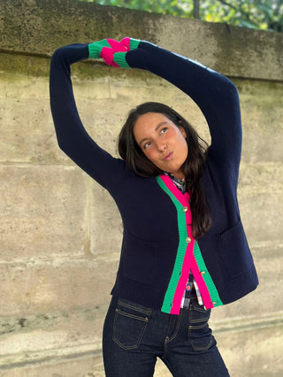 Colorblock Cardigan - Navy/Green/Pink