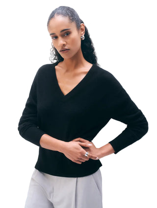 White + Warren Cashmere V Neck - Black
