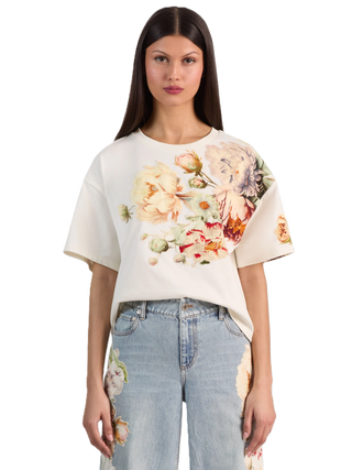 Alice + Olivia Evan Applique Oversized Cropped Tee - Ecru/Multi