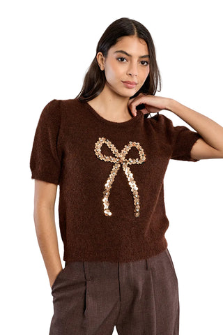 Molly Bracken Sequin Bow Sweater - Chocolate