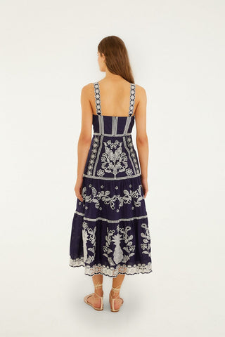 Farm Rio Richillieu Midi Dress - Blue and White