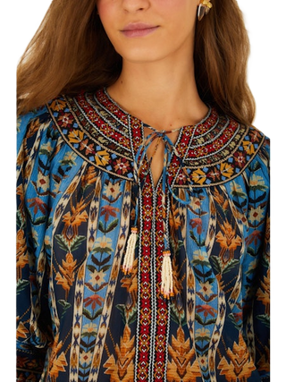 Embroidered Tapestry Short Sleeve Blouse - Blue