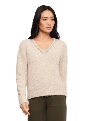 Fifteen Twenty Ash Embellished V Neck Sweater - Oatmeal