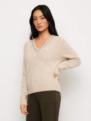 Fifteen Twenty Ash Embellished V Neck Sweater - Oatmeal