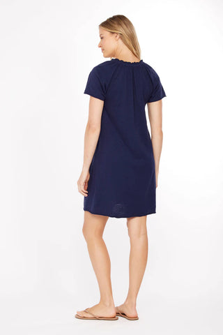 Mododoc Shirred Split Neck Dress - Vibrant Navy
