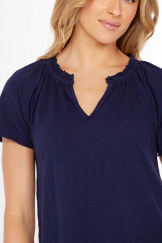 Mododoc Shirred Split Neck Dress - Vibrant Navy