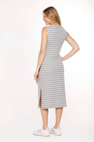 Side Tie Midi Tank Dress - Heather Grey/White Stripe