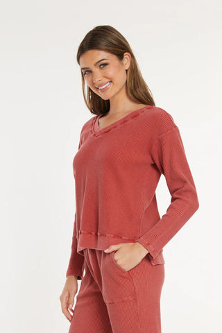 Long Sleeve Open V-Neck Waffle Top - Spiced Cider