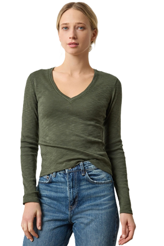 Rib Slub Long Sleeve V Neck - Lichen