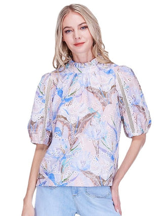 Ruffles Neck Puff sleeve trim Top - Vintage Mist Eyelet