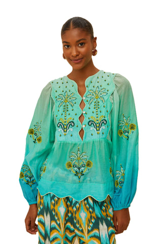Blue Wavy Yoke Blouse - Turquoise Palm Tree Tapestry