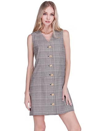 V-Neck Buttons Fitted Dress - Plaid