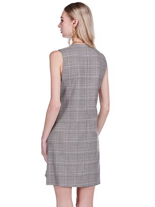 V-Neck Buttons Fitted Dress - Plaid