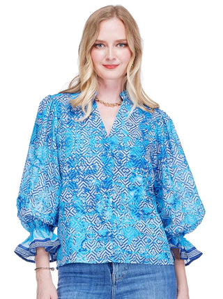 Jade V-Neck Blouse - Cobalt Geo Border