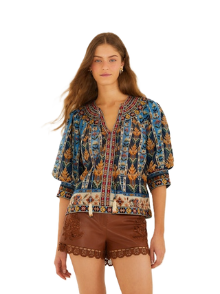 Embroidered Tapestry Short Sleeve Blouse - Blue