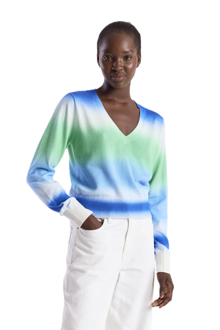 Blurred Stripe V Neck Sweater - Blue Blur