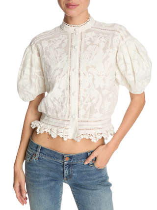 Loryn Embr Button Down Blouse- Off White