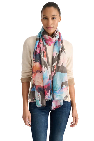Kinross Highland Blooms Print Scarf - Chocolate Multi