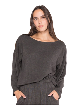 Sweater Knit Boat Neck Top - Charcoal
