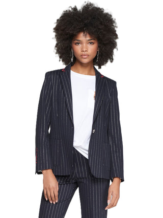 Pinstripe Embroidered Blazer - Navy