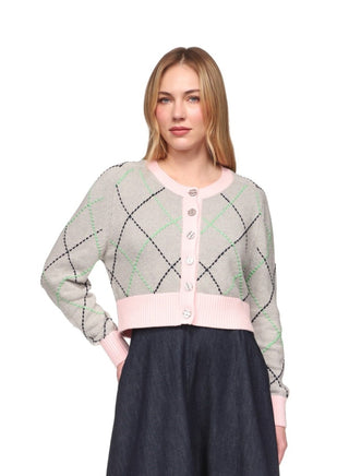 Brodie Contrast Diamond Stitch Cardi - Moonstruck/Grey/Blossom