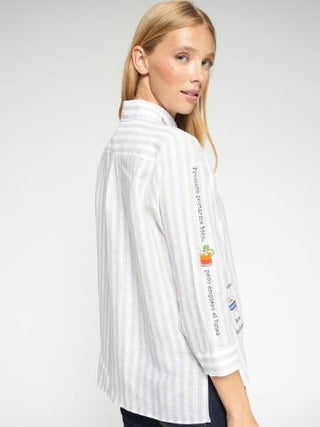 Vilagallo Stripe Embroidered Button Down - Beige&nbsp;