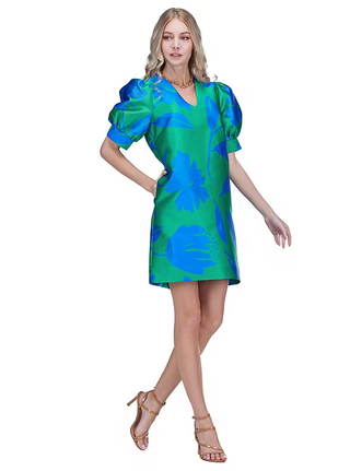 V-Neck Puff Sleeve Dress - Green Floral