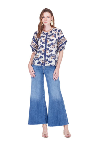 Joy Joy Pleated Sleeve Peasant Top - Indigo Lotus