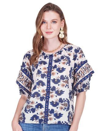 Joy Joy Pleated Sleeve Peasant Top - Indigo Lotus