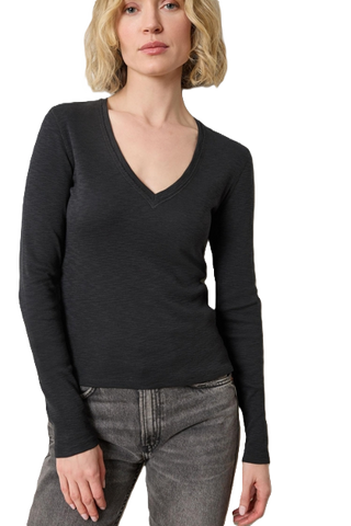 Rib Slub Long Sleeve V Neck - Black