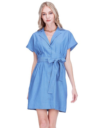 Waist Pleated Button Dress- Denim