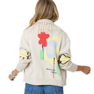 Fringe Shawl Collar Cardigan - Chalk