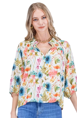 Joy Joy - Elastic Neck Peasant Top - Wildflower