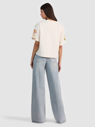 Evan Applique Oversized Cropped Tee - Ecru/Multi