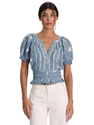 Alice + Olivia Kathryn Lace Trim Blouse - Deep Denim Blue/ Off White
