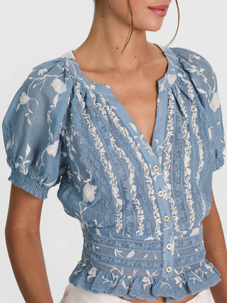 Alice + Olivia Kathryn Lace Trim Blouse - Deep Denim Blue/ Off White