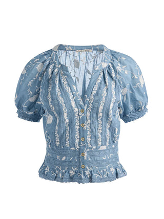 Alice + Olivia Kathryn Lace Trim Blouse - Deep Denim Blue/ Off White