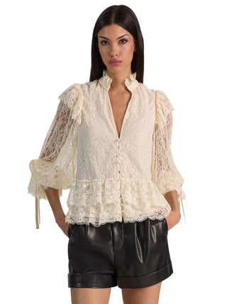 Alice + Olivia Wilhelmina Lace Ruffle Tie Top - Chino