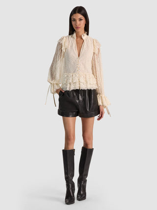 Alice + Olivia Wilhelmina Lace Ruffle Tie Top - Chino