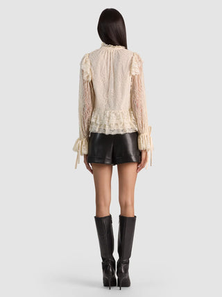 Alice + Olivia Wilhelmina Lace Ruffle Tie Top - Chino