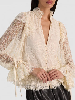 Alice + Olivia Wilhelmina Lace Ruffle Tie Top - Chino