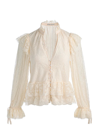 Alice + Olivia Wilhelmina Lace Ruffle Tie Top - Chino