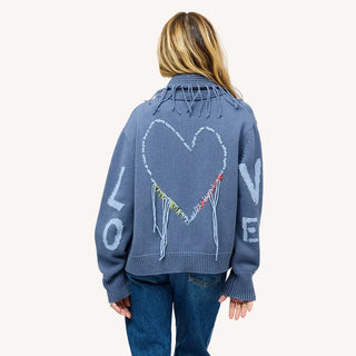 Kerri Rosenthal Fringe Shawl Collar Love Cardigan - Denim Blue