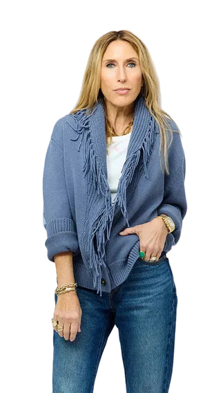 Kerri Rosenthal Fringe Shawl Collar Love Cardigan - Denim Blue
