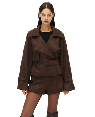 Elodie&nbsp;Marais Faux Suede Cropped Trench Coat - Chocolate Fondant