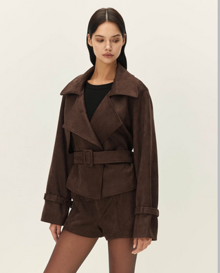 Elodie&nbsp;Marais Faux Suede Cropped Trench Coat - Chocolate Fondant